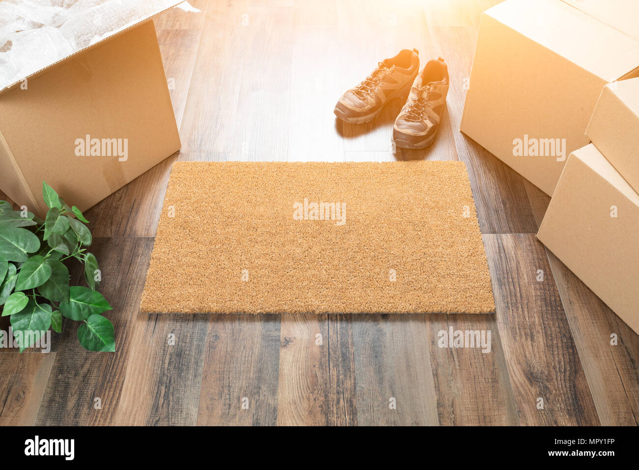 Blank Welcome Mat, Moving Boxes, Shoes and Plant on Hard Wood Floors. Stock Photo