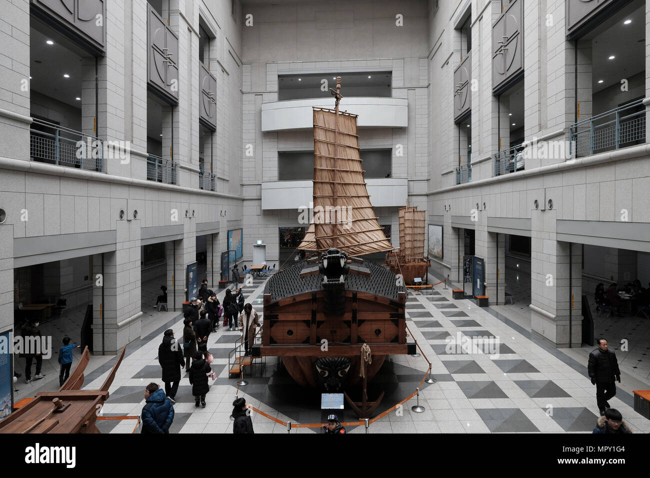 A replica of the Korean turtle ship called the Geobukse which was used in the 1500's against Japan displayed inside the War Memorial of Korea museum located in Yongsan-gu district in the city of Seoul capital of South Korea Stock Photo