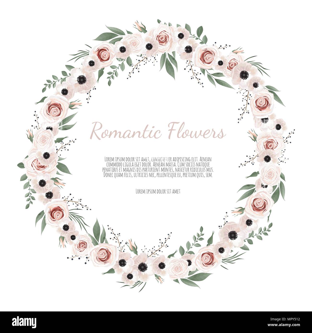 Cute wreath with leaves and flowers, vector illustration in vintage watercolor style Stock Vector