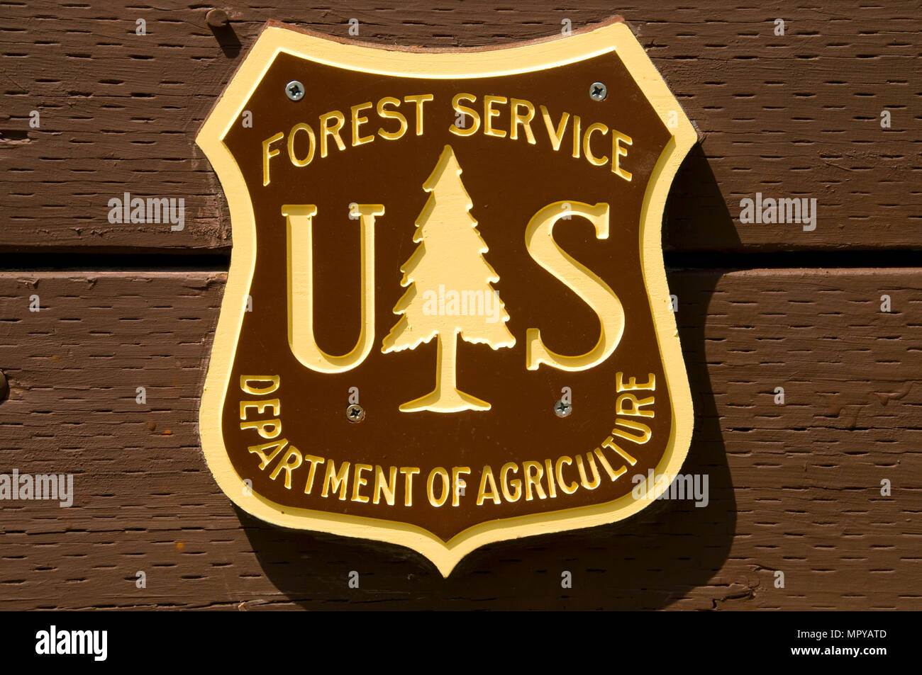 USFS logo, Mullan Road Historic Site at 4th of July Pass, Coeur d'Alene National Forest, Idaho Stock Photo