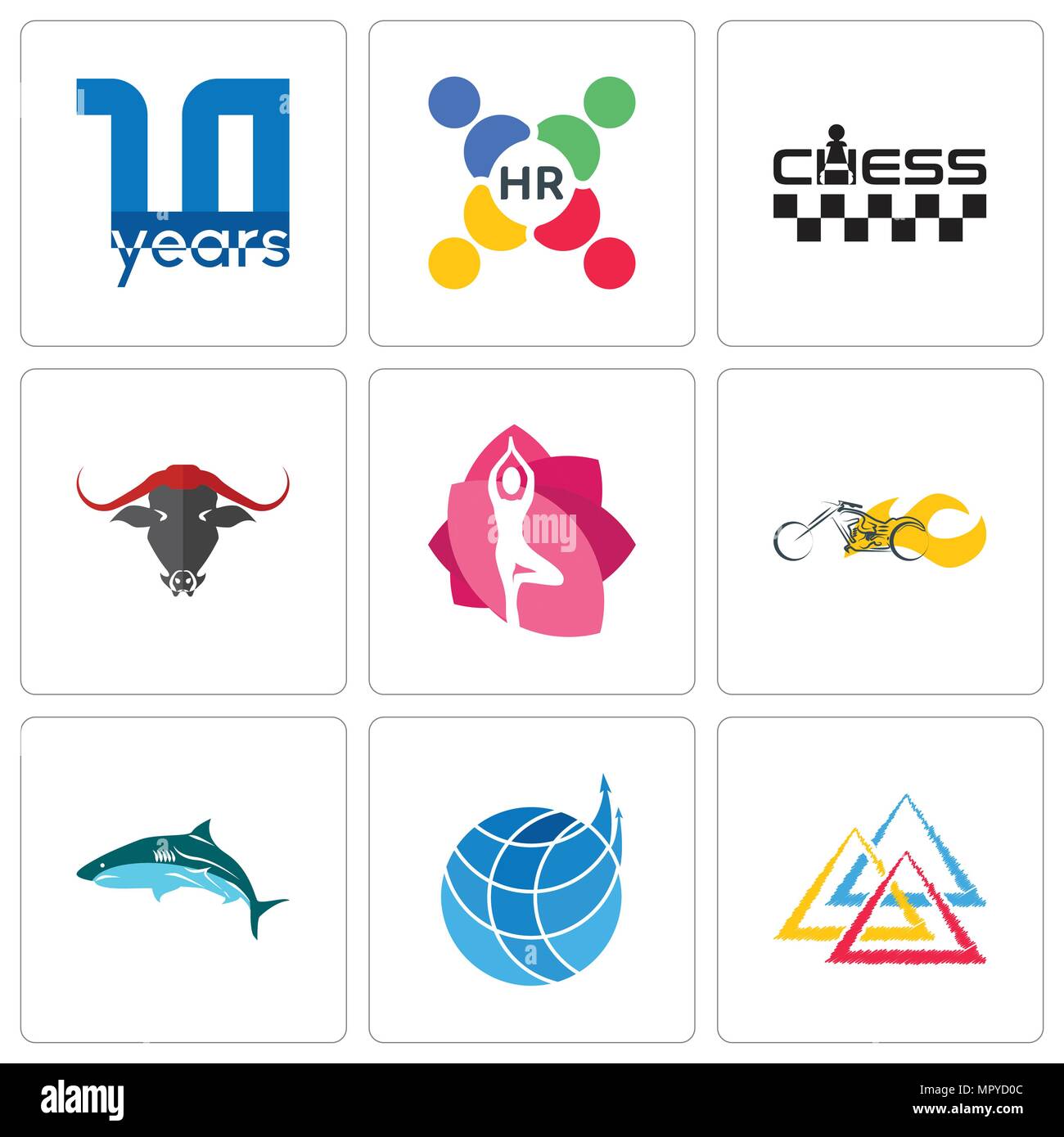 Set Of 9 simple editable icons such as three triangle, logistics company, chopper, yoga studio, chess, human resources, 10 year, can be used for mobil Stock Vector