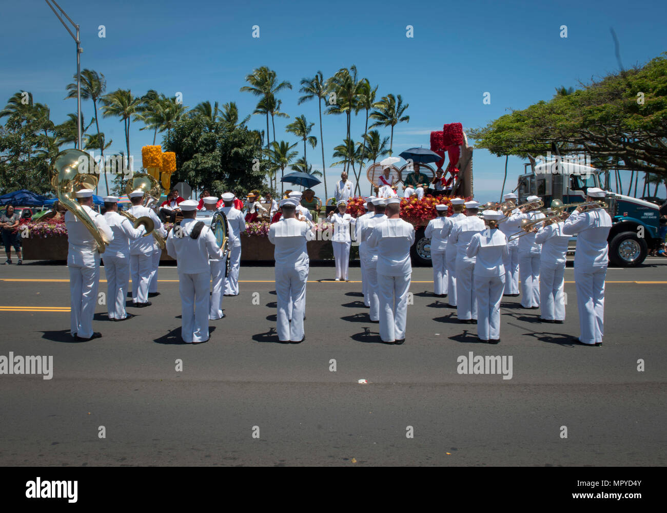 The Pacific Fleet Band performs 'Anchors Aweigh' for the Royal Court of