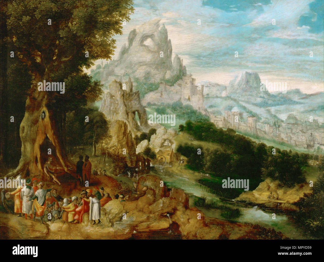 Landscape with Saint John the Baptist Preaching, ca 1535-1540. Stock Photo