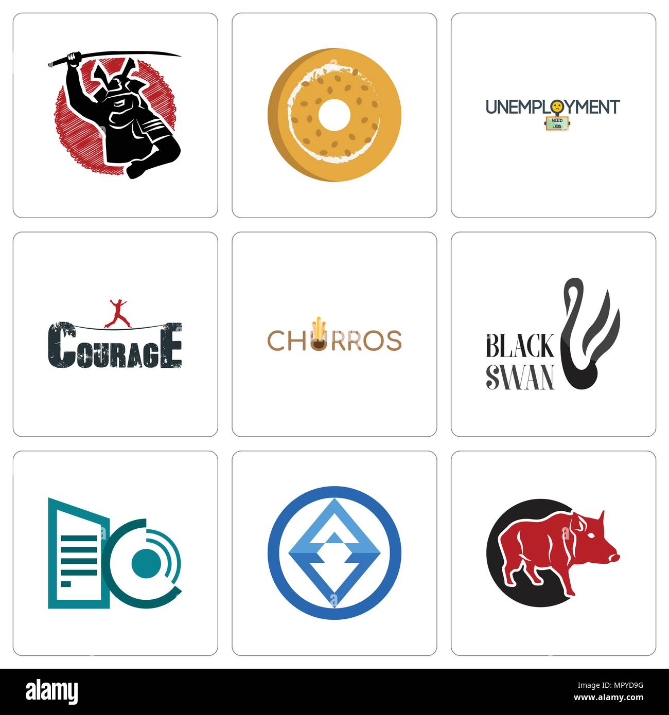 Set Of 9 simple editable icons such as boar, 3, datacenter, black swan, churros, courage, unemployment, bagel, , can be used for mobile, web Stock Vector