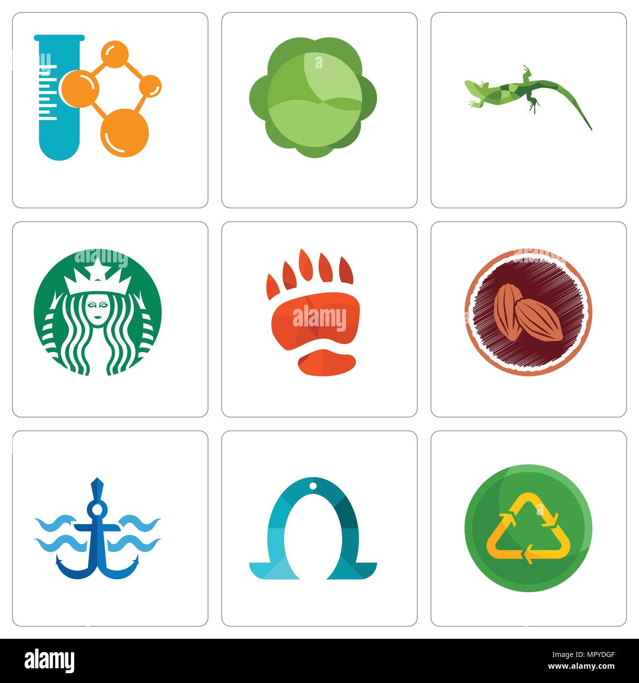 Set Of 9 simple editable icons such as recycle reuse uce, horseshoe, navy anchor, cacao, bear paw, starbucks, lizard, cabbage, chemical company, can b Stock Vector