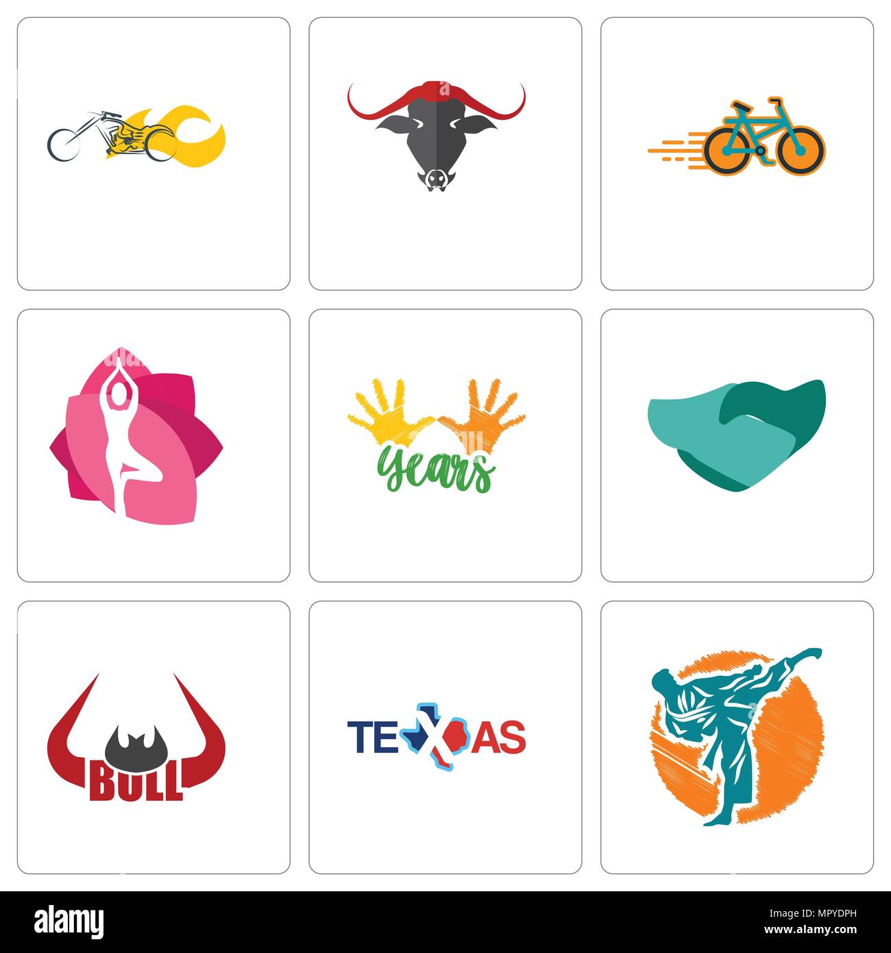 Set Of 9 simple editable icons such as martial arts, texas, bull horn, hand shaking, 10 years, yoga studio, bike shop, chopper, can be used for mobile Stock Vector