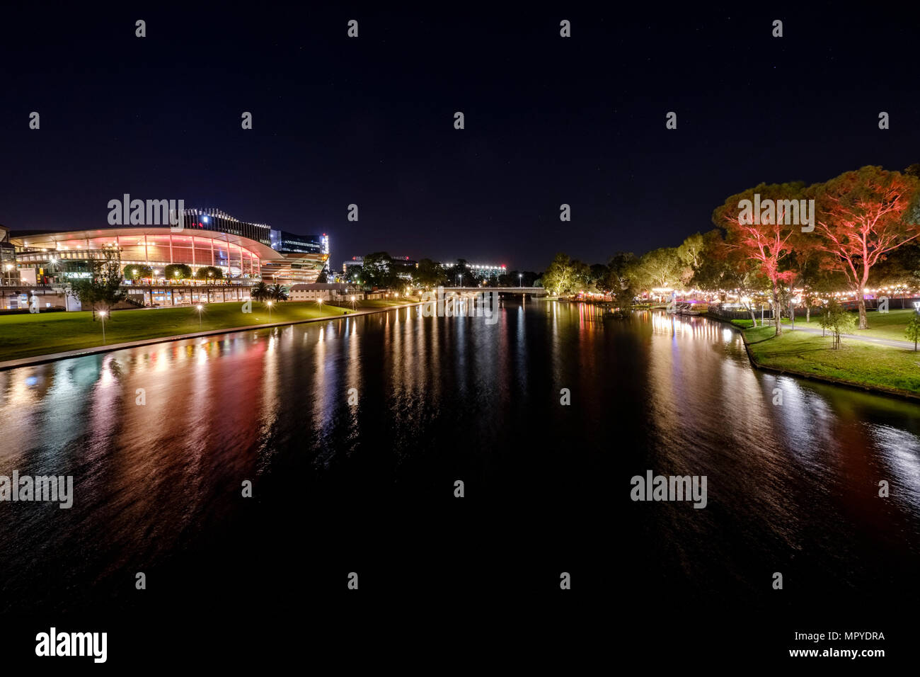 The Adelaide city skyline at night featuring the Torrens Riverbank precinct on the last night of the Adelaide fringe 2018 Stock Photo