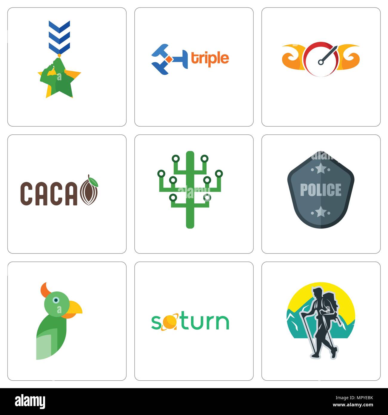 Set Of 9 simple editable icons such as trekking, saturn, police badge, digital tree, speedometer, triple, military, can be used for mobile, web Stock Vector