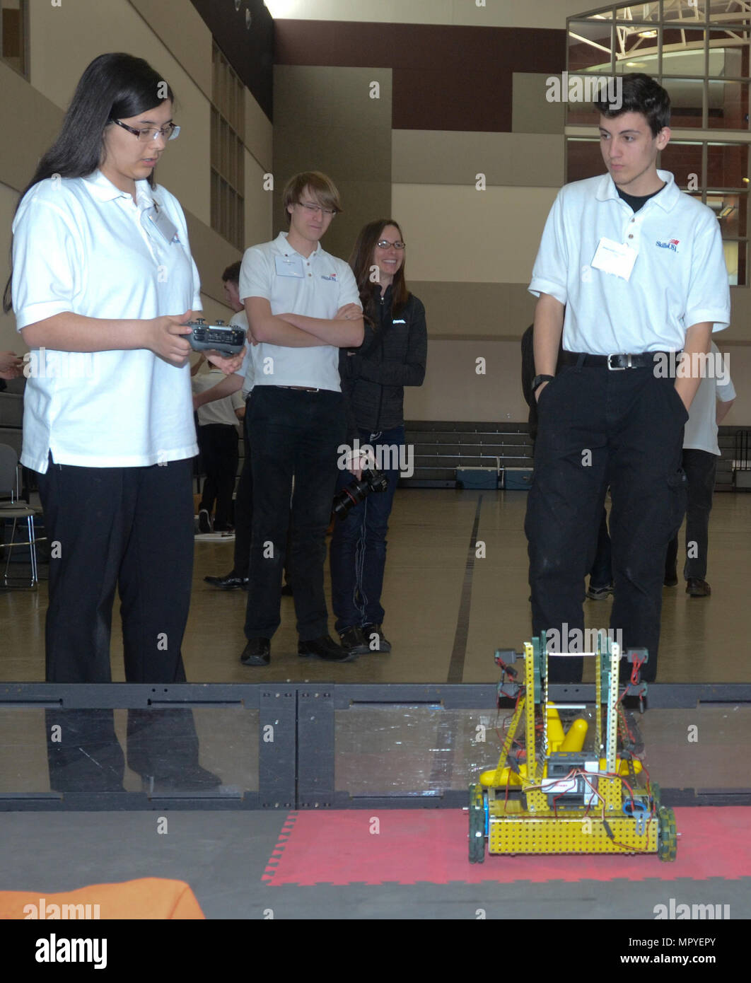Robotics students prepare for the robot obstacle course during the ...