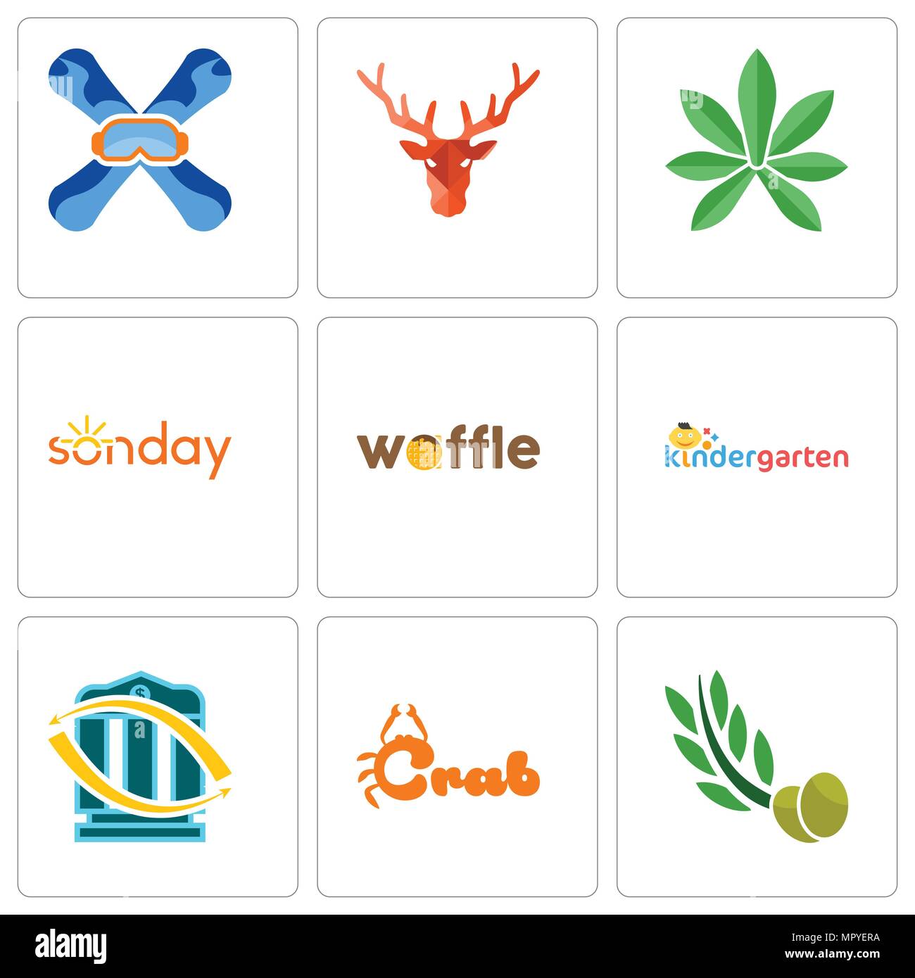 Set Of 9 simple editable icons such as olive leaves, crab, bank transfer,  kindergarten, waffle, sunday, pot leaf, deer head, snowboard, can be used  fo Stock Vector Image & Art - Alamy