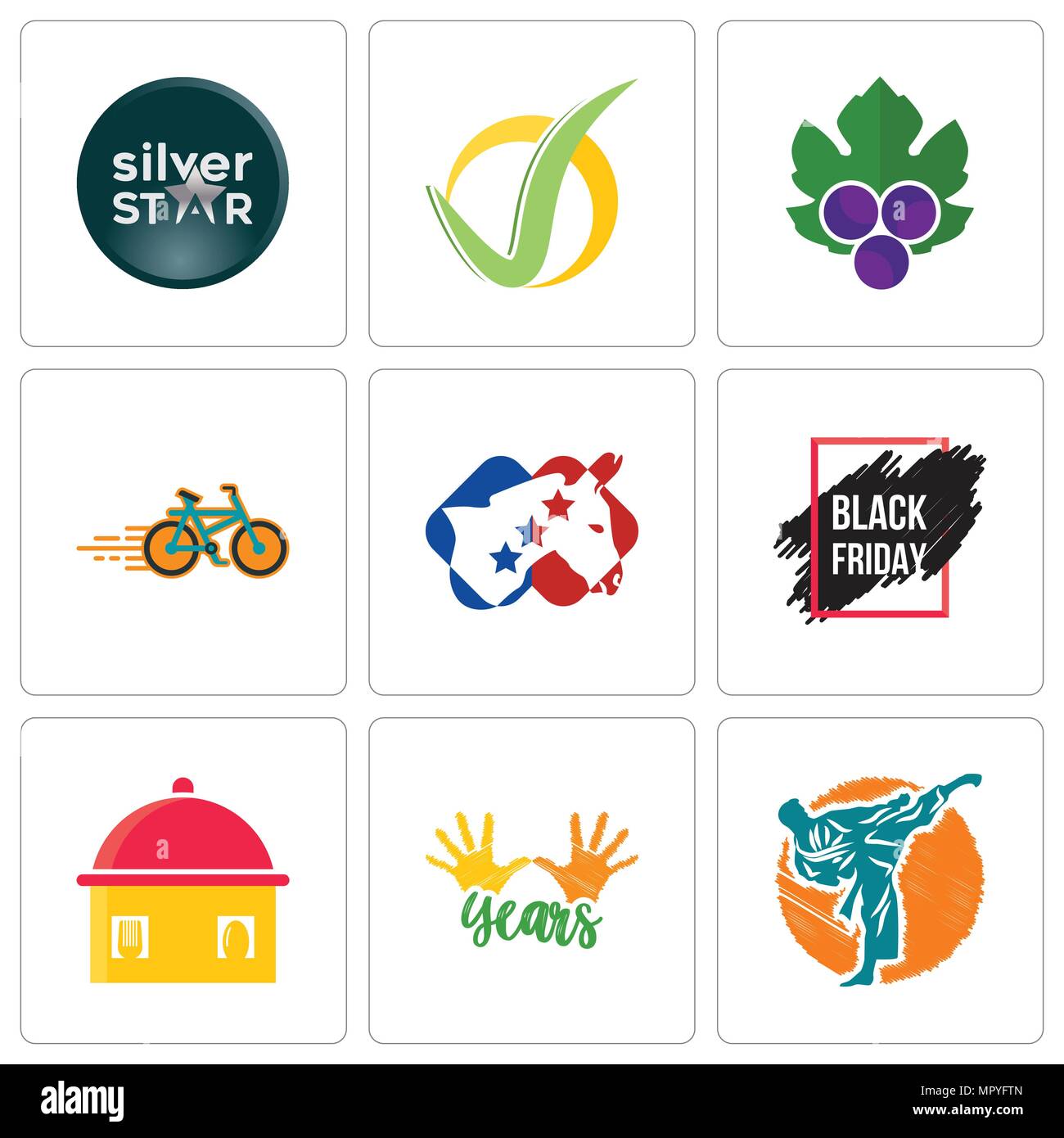 Set Of 9 simple editable icons such as martial arts, 10 years, homemade food, black friday sale, democrat, bike shop, grape leaves, checkmark, silver  Stock Vector