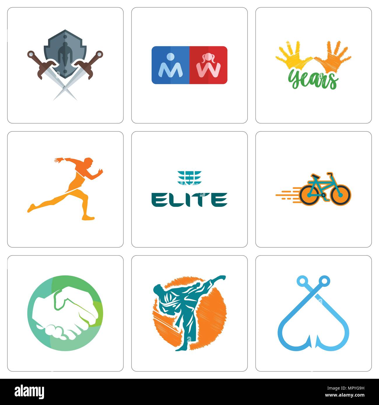 Set Of 9 simple editable icons such as fishing hook, martial arts, hands shaking, bike shop, the elite, running club, 10 years, restroom, shield and s Stock Vector
