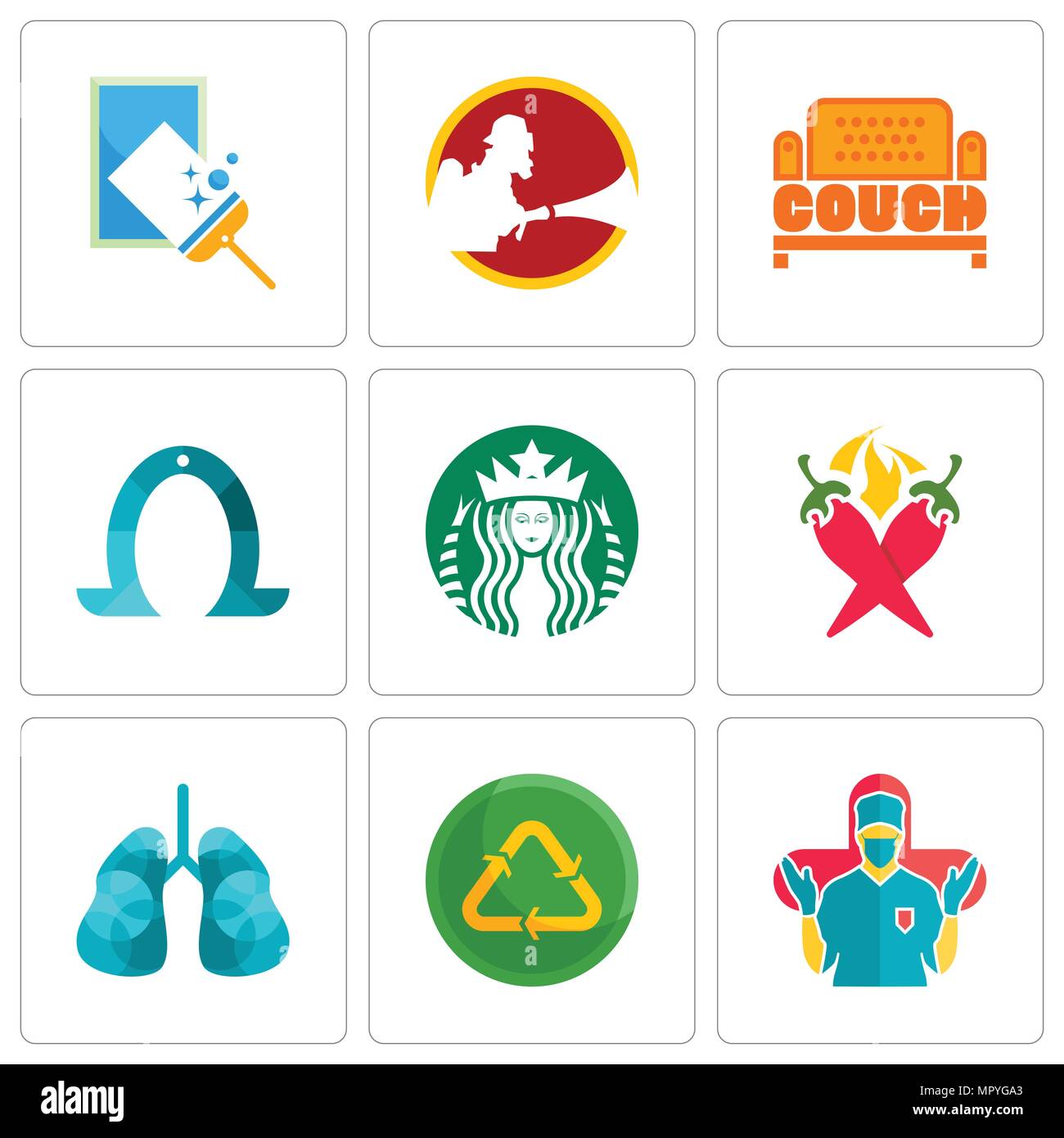 Set Of 9 simple editable icons such as surgeon, recycle reuse uce, lungs, chili pepper, starbucks, horseshoe, couch, window cleaning, can be used for  Stock Vector