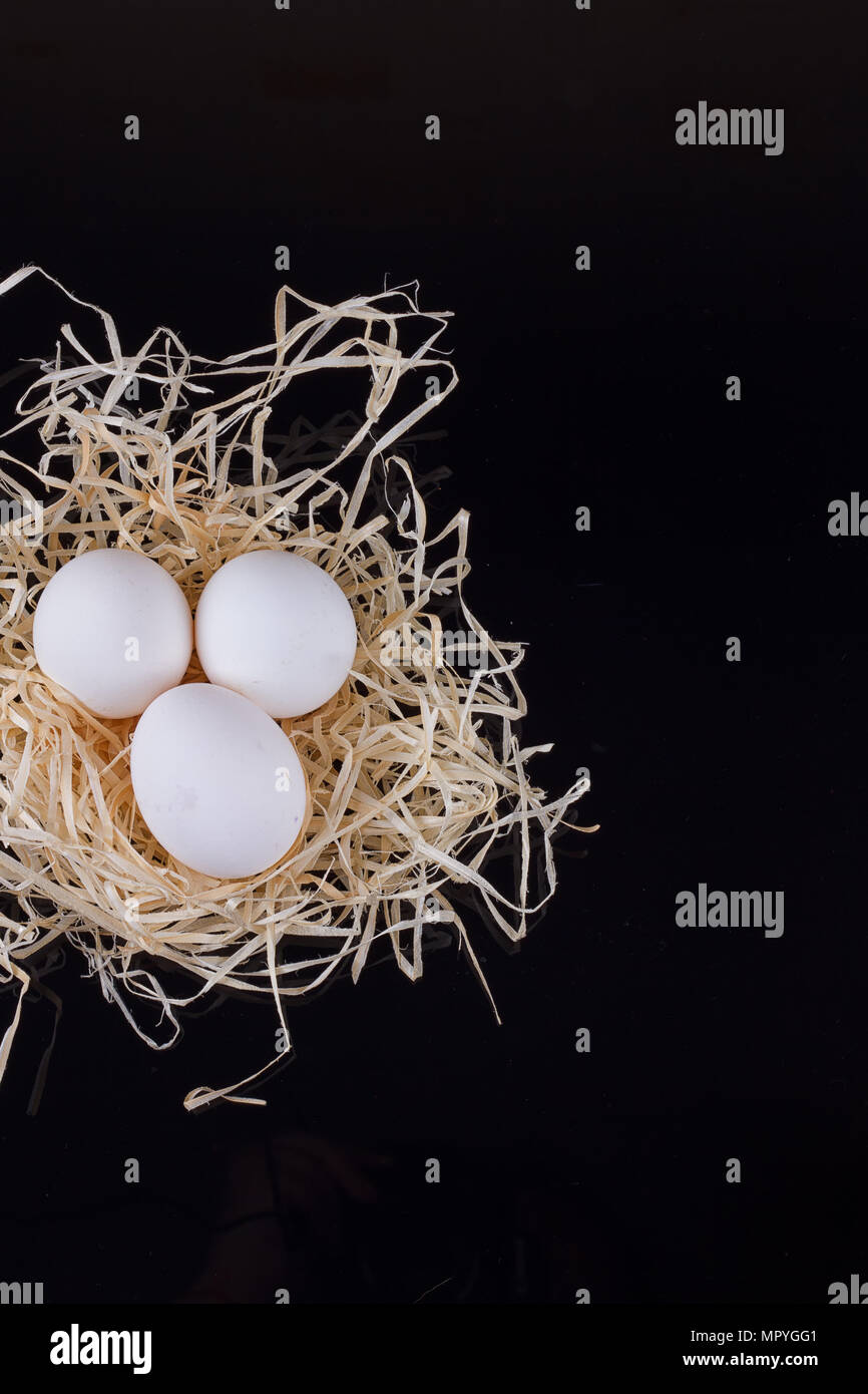 Three chicken eggs in the nest like On a black background Stock Photo ...