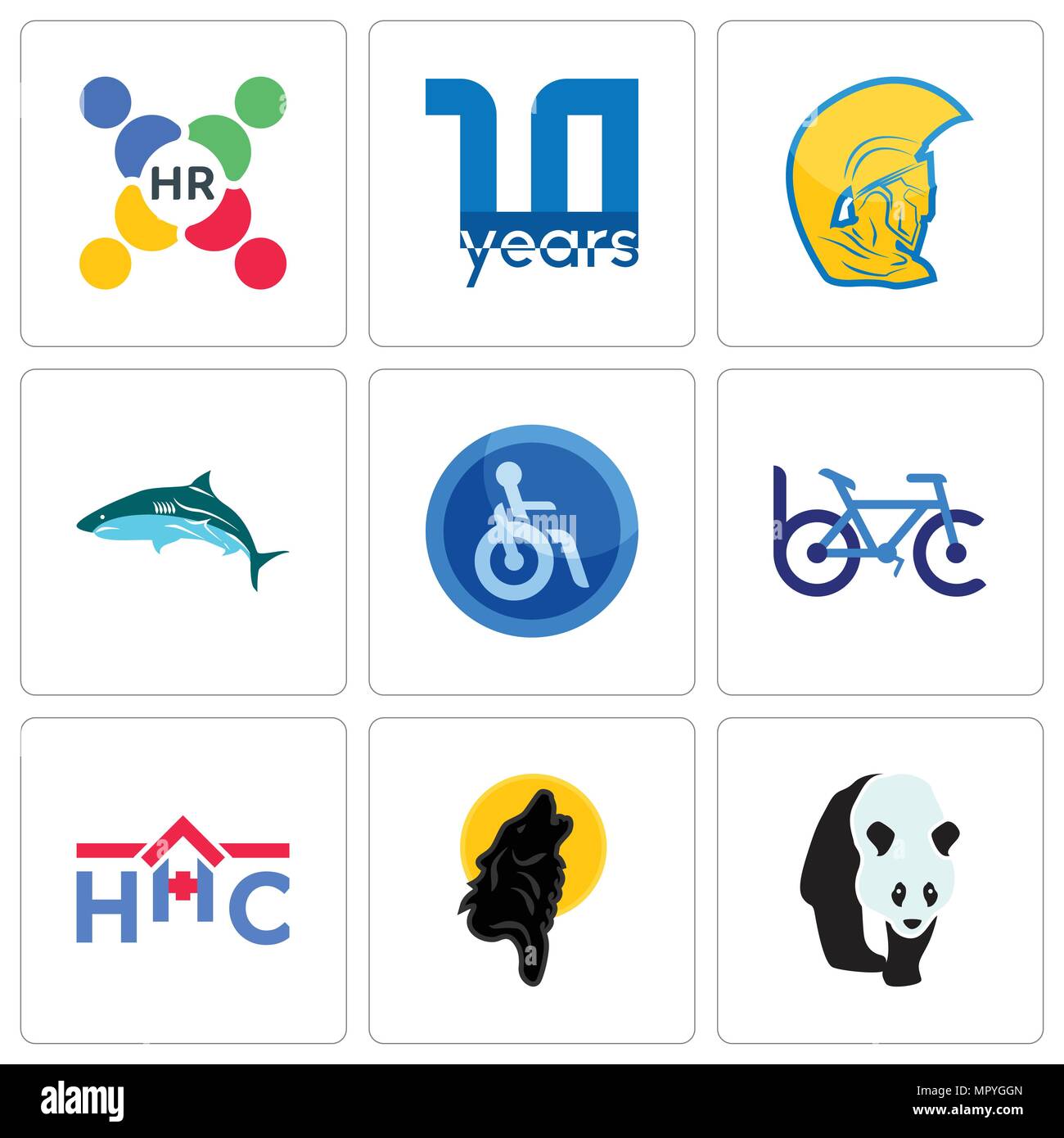 Set Of 9 simple editable icons such as black wolf, home health care, bike club, disabled, warrior head, 10 year, human resources, can be used for mobi Stock Vector