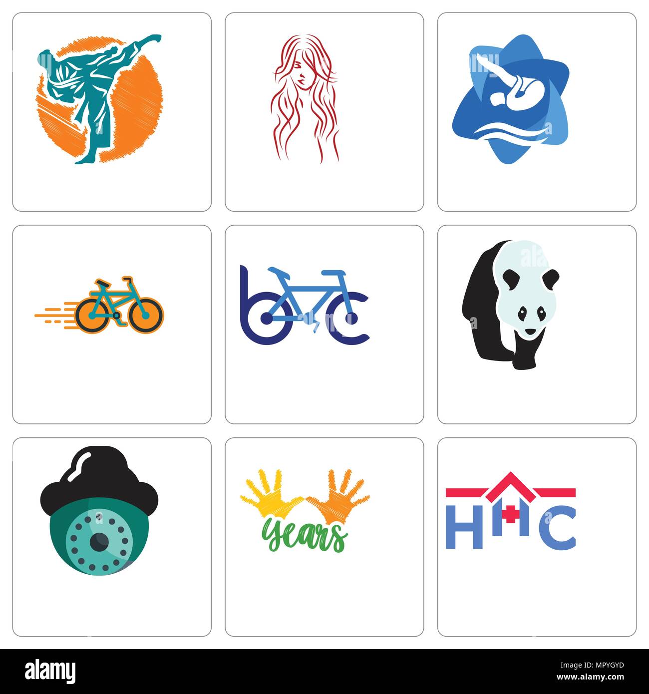 Set Of 9 simple editable icons such as home health care, 10 years, security camera, bike club, shop, swim and dive, long hair, martial arts, can be us Stock Vector