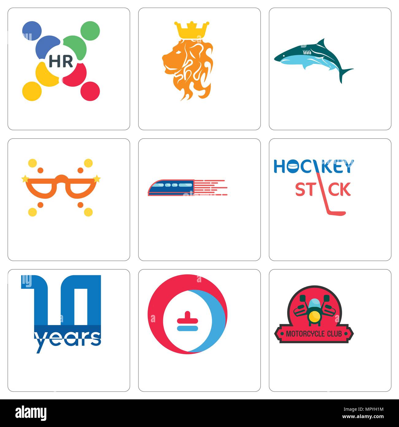 Set Of 9 simple editable icons such as motorcycle club, heating cooling, 10 year, hockey stick, railway, masquerade, royal lion, human resources, can  Stock Vector