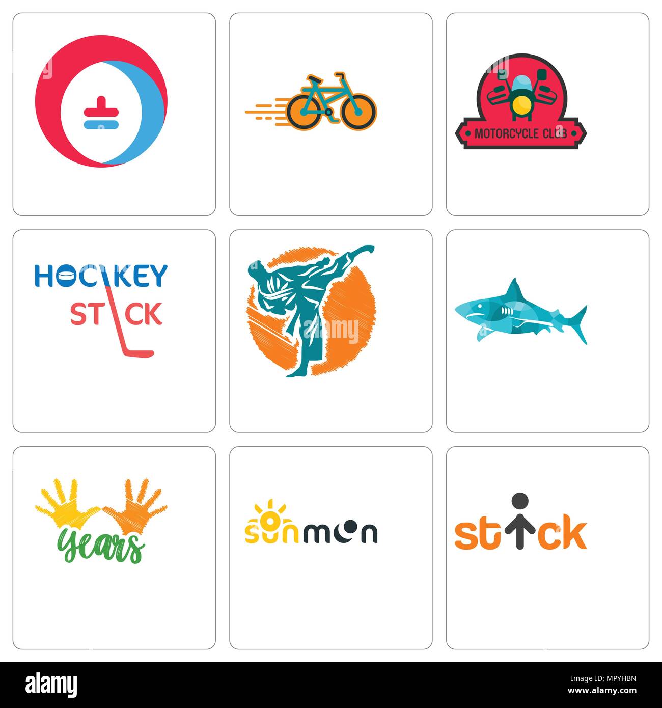 Set Of 9 simple editable icons such as stick figure, sun moon, 10 years, sharks, martial arts, hockey stick, motorcycle club, bike shop, heating cooli Stock Vector