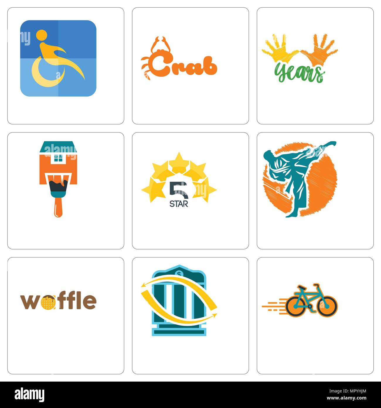 Set Of 9 simple editable icons such as bike shop, bank transfer, waffle, martial arts, 5 star, home paint, 10 years, crab, disability, can be used for Stock Vector