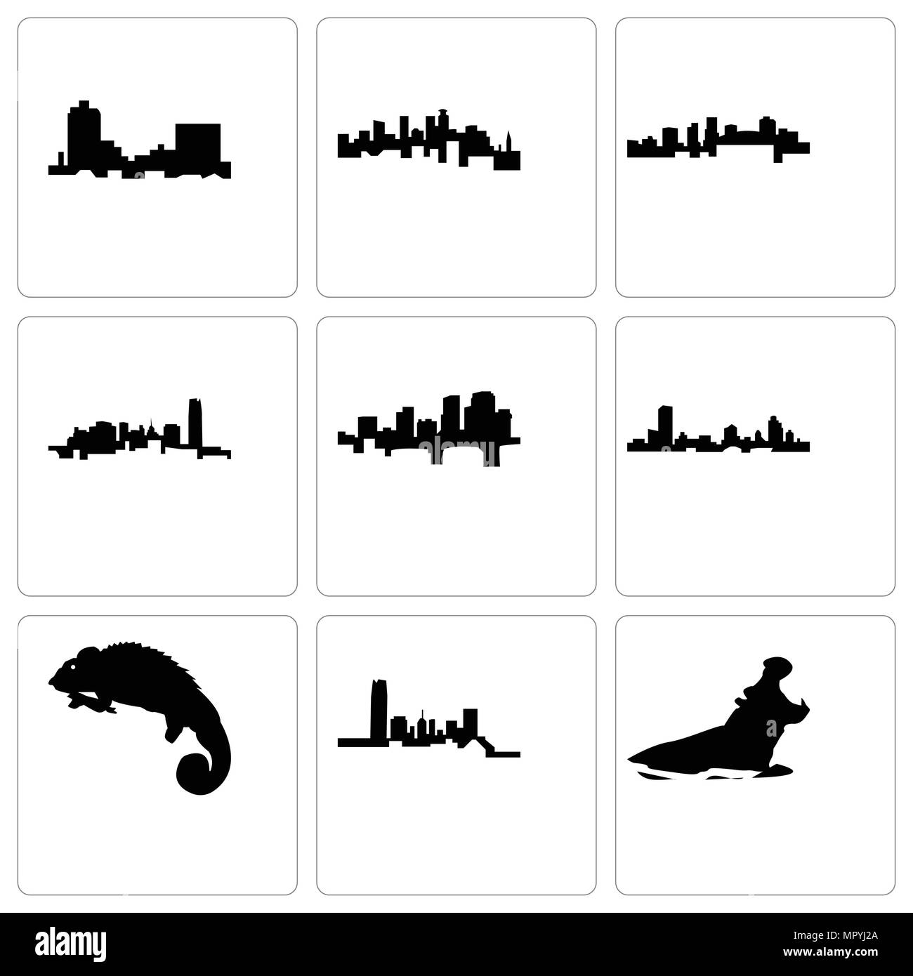 Set Of 9 simple editable icons such as hippo, oklahoma, chameleon, wisconsin, arkansas, minnesota, montana, can be used for mobile, web Stock Vector