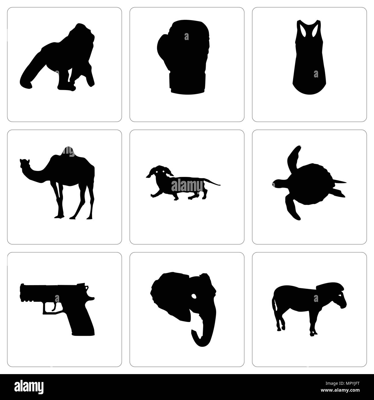Set Of 9 simple editable icons such as zebra, elephant head, handgun, sea turtle, dachshund, camel, tank top, boxing glove, gorilla, can be used for m Stock Vector
