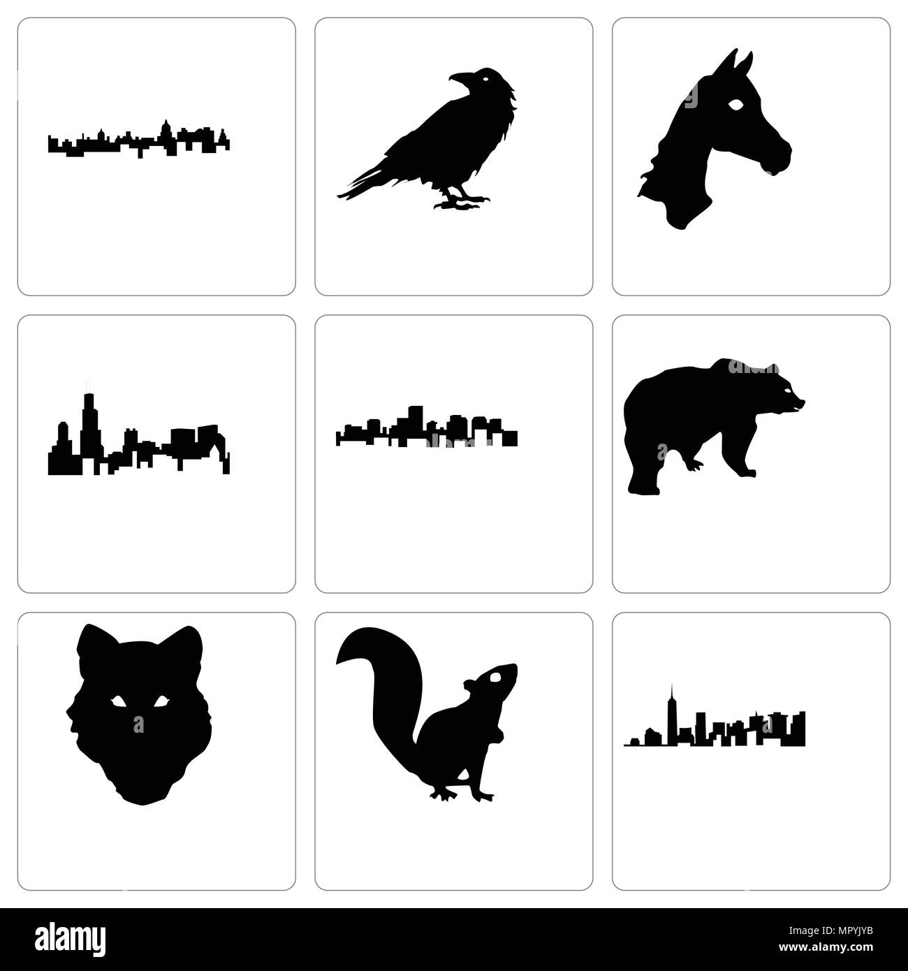 Set Of 9 simple editable icons such as wolf face, bear, virginia state, illinois horse raven, cuba, can be used for web Stock Vector Image & Art - Alamy