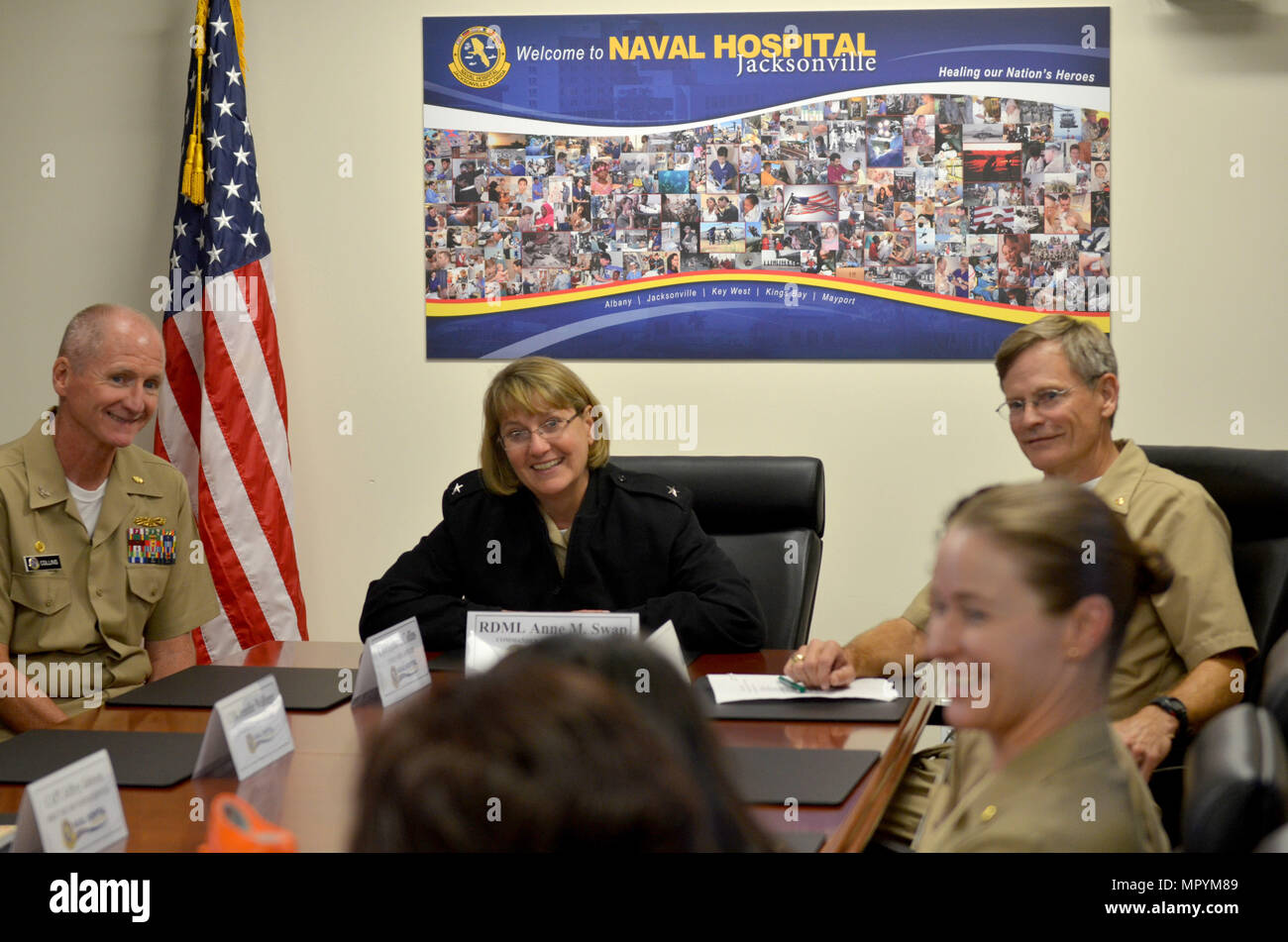 JACKSONVILLE, Fla. (April 26, 2017) – Commander, Navy Medicine East, Rear Adm. Anne Swap, meets with Naval Hospital Jacksonville’s executive steering council for a status briefing. During Swap’s visit, she toured the command’s hospital and five branch health clinics (in Albany and Kings Bay, Georgia; and Jacksonville, Key West, and Mayport, Florida).  (U.S. Navy photo by Jacob Sippel, Naval Hospital Jacksonville/Released). Stock Photo
