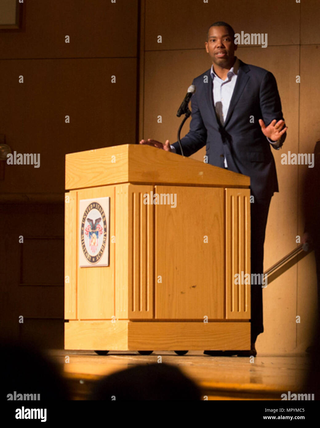 Author Ta-Nehisi Coates addresses U.S. Military Academy cadets and faculty in Robinson Auditorium at West Point during the Second Annual Zengerle Family Lecture in Arts and Humanities, April 12, 2017.  The lecture was established by Joe Zengerle in part to counter insularity and forward equality by having cadets develop self-awareness by encountering productive conflict and differing views. Stock Photo