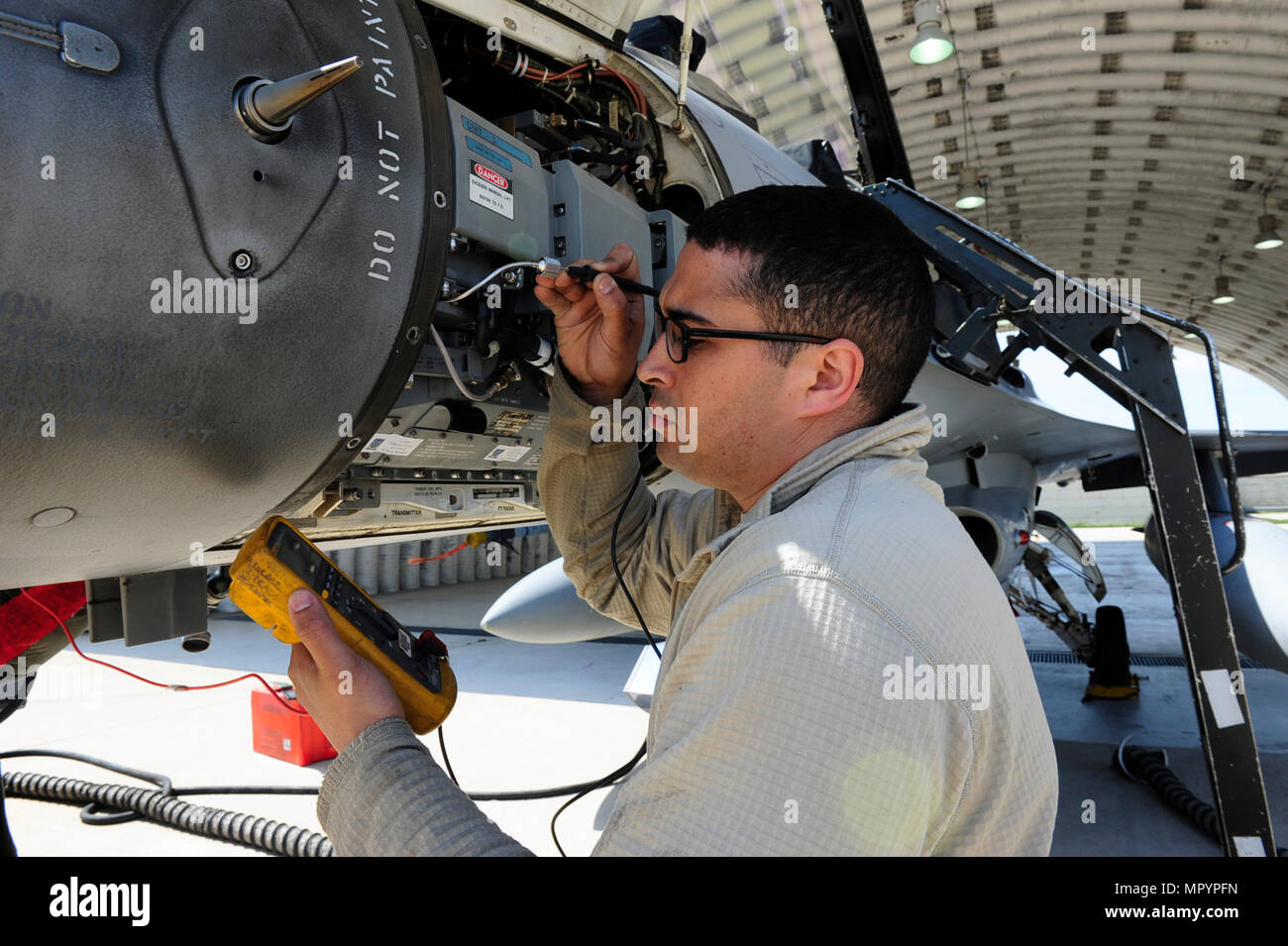 U.s. Air Force Staff Sgt. Jair Hausheer, 36Th Aircraft Maintenance Unit  F-16 Avionics Technician, Works On An F-16 Fighting Falcon's Radar System  During Exercise Max Thunder 17 At Kunsan Air Base, Republic