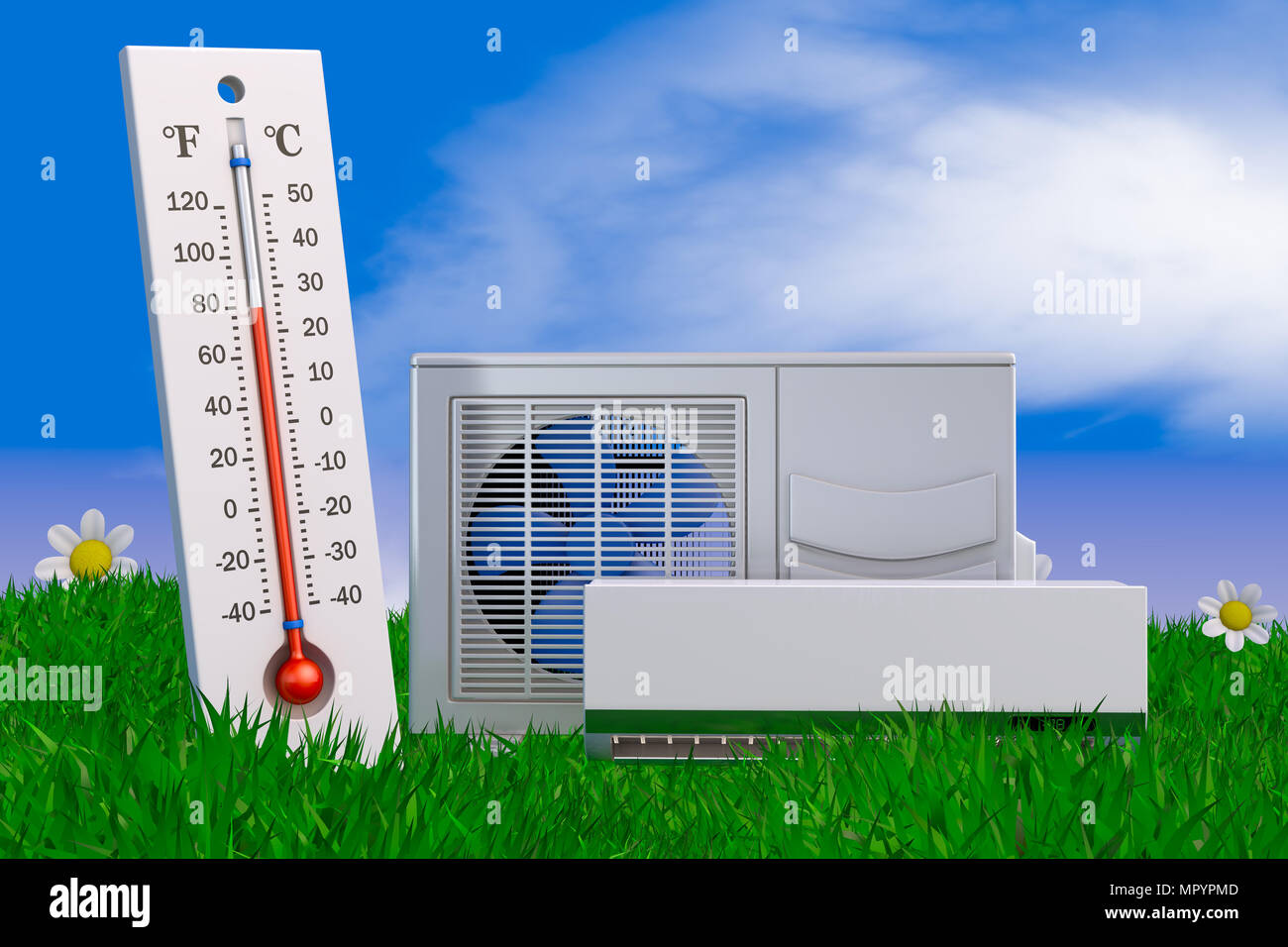 air conditioning and thermometer on grass. 3d rendering Stock Photo Alamy