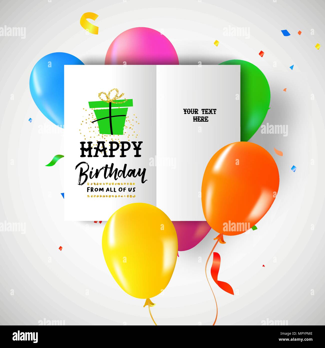 Happy Birthday greeting card on colorful party balloons and confetti background for special day. EPS10 vector. Stock Vector