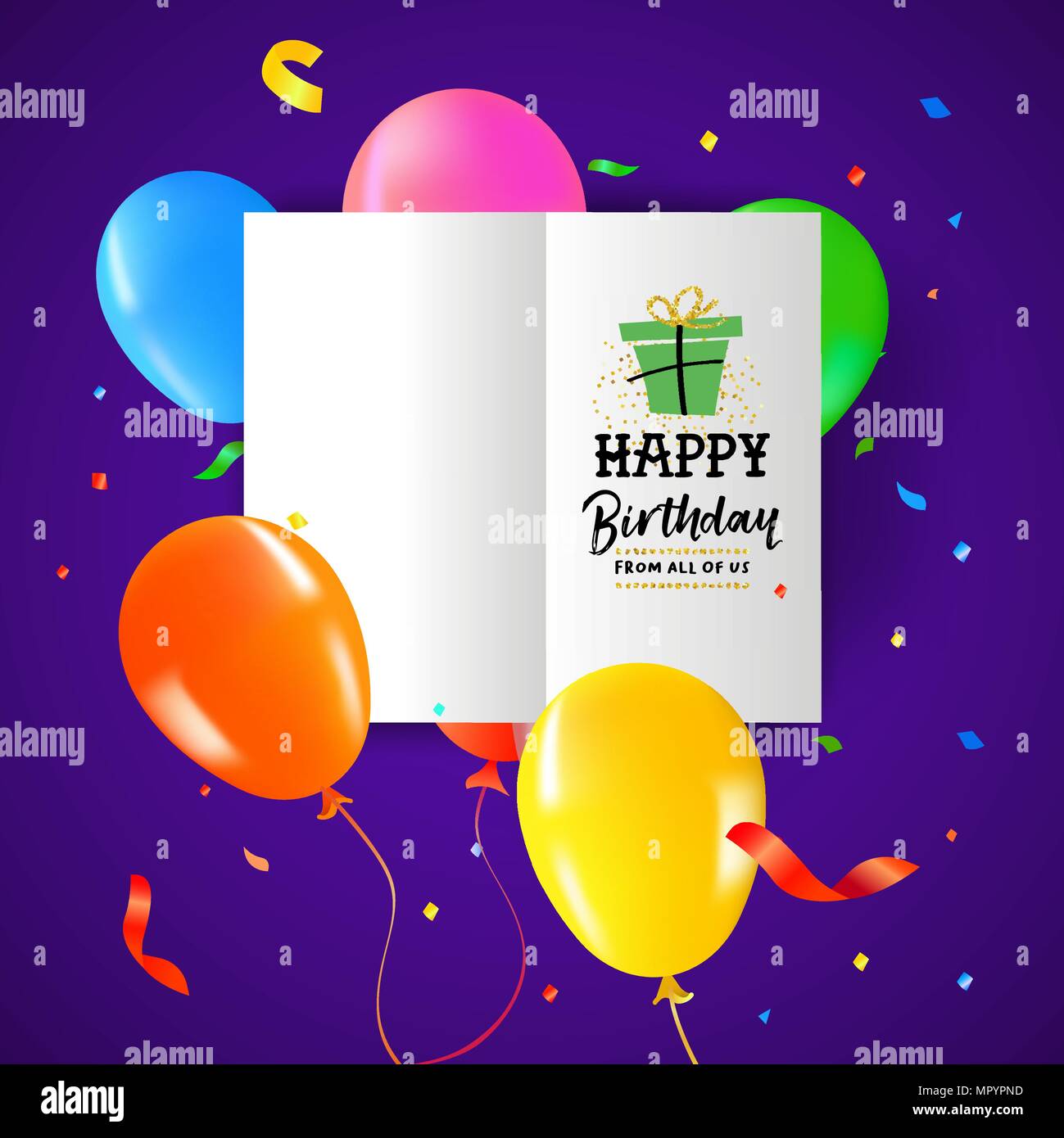 Birthday balloons with paper card. Colorful party confetti decoration and text quote. EPS10 vector. Stock Vector