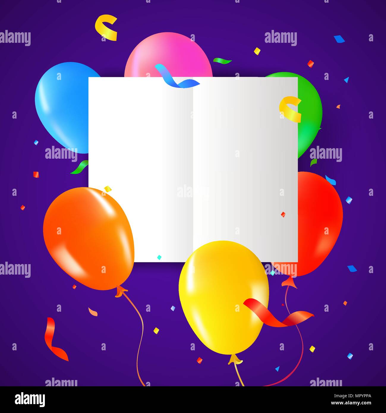 Birthday balloons with paper card template for special message. Colorful party confetti decoration and copy space. EPS10 vector. Stock Vector