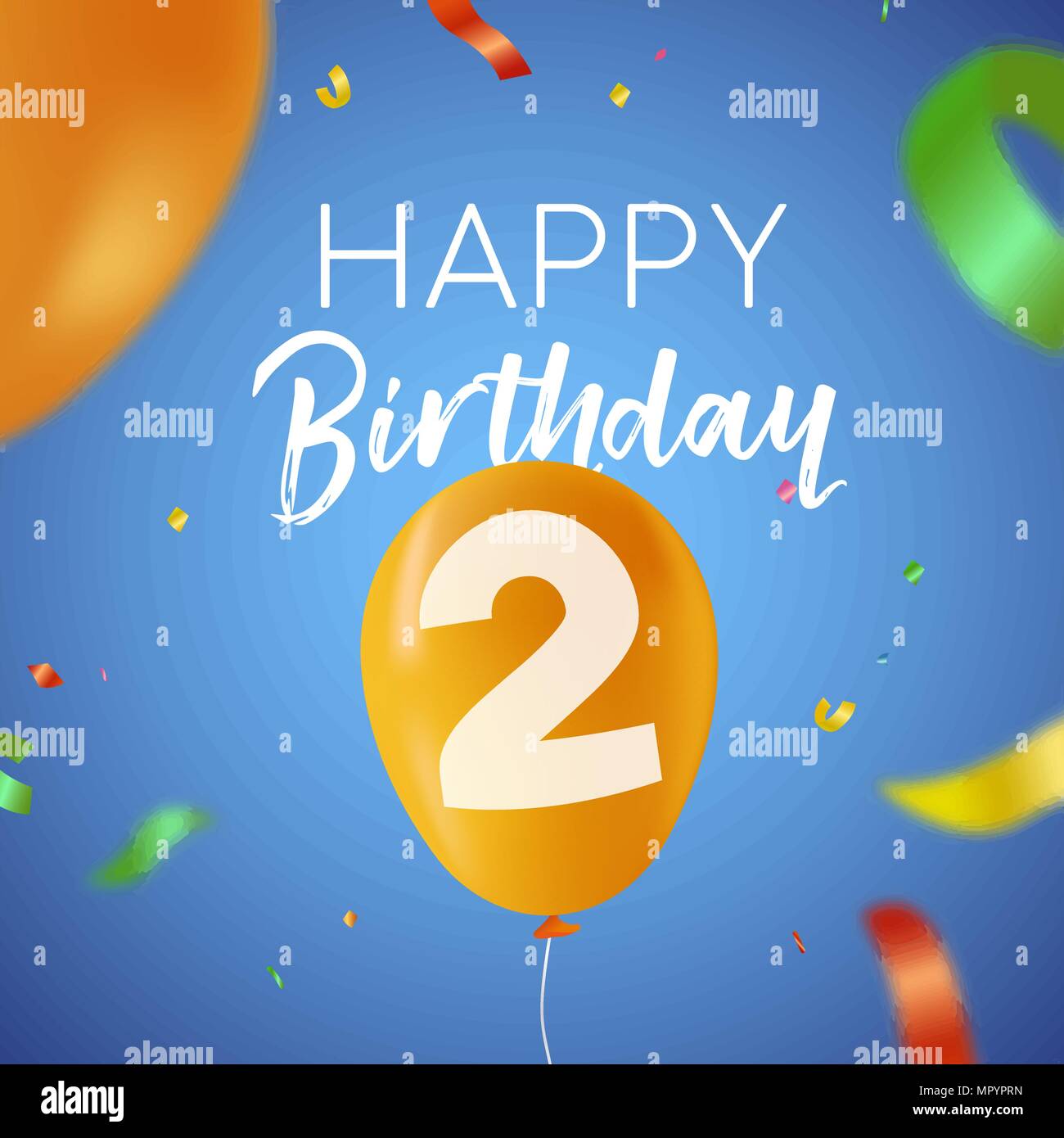 Happy Birthday 2 two years fun design with balloon number and colorful confetti decoration. Ideal for party invitation or greeting card. EPS10 vector. Stock Vector