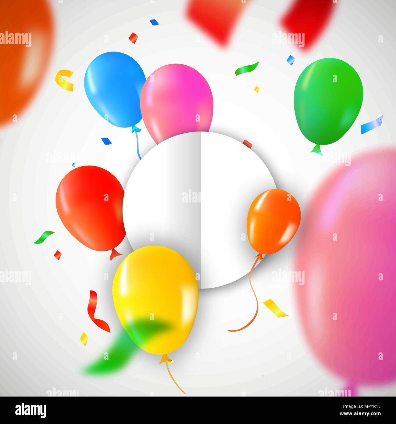 Birthday balloons with circle paper card template for special message. Colorful party confetti decoration and copy space. EPS10 vector. Stock Vector