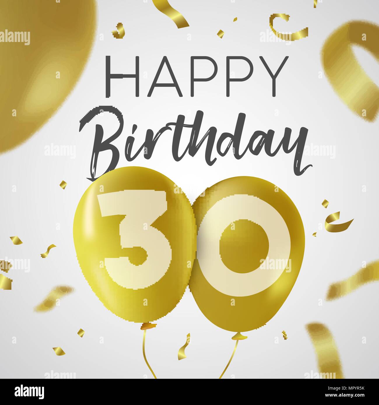 Happy Birthday 30 thirty years, luxury design with gold balloon number