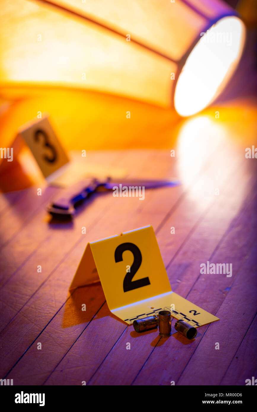Evidence is marked with evidence markers on the floor of a home. A knocked over lamp lays nearby. Stock Photo