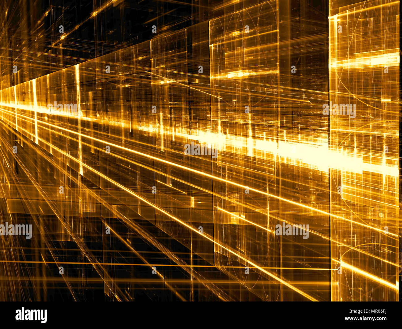 Golden background with glossy surface, perspective and rays. Abstract computer-generated image. For web design, covers, poster. Sci-fi or vr concept. Stock Photo