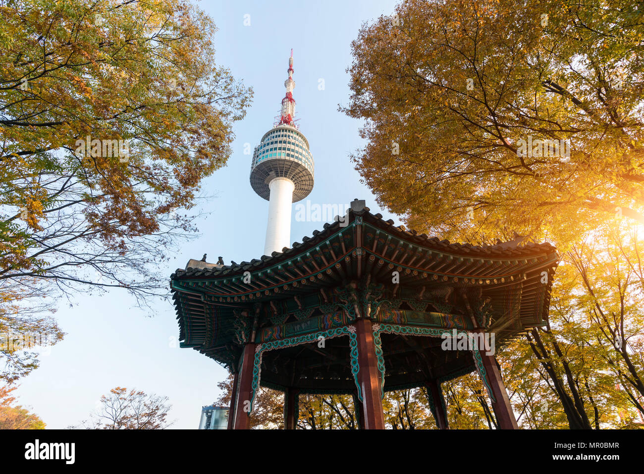 Seoul Tower with yellow and red autumn maple leaves at Namsan mountain in South Korea. Stock Photo