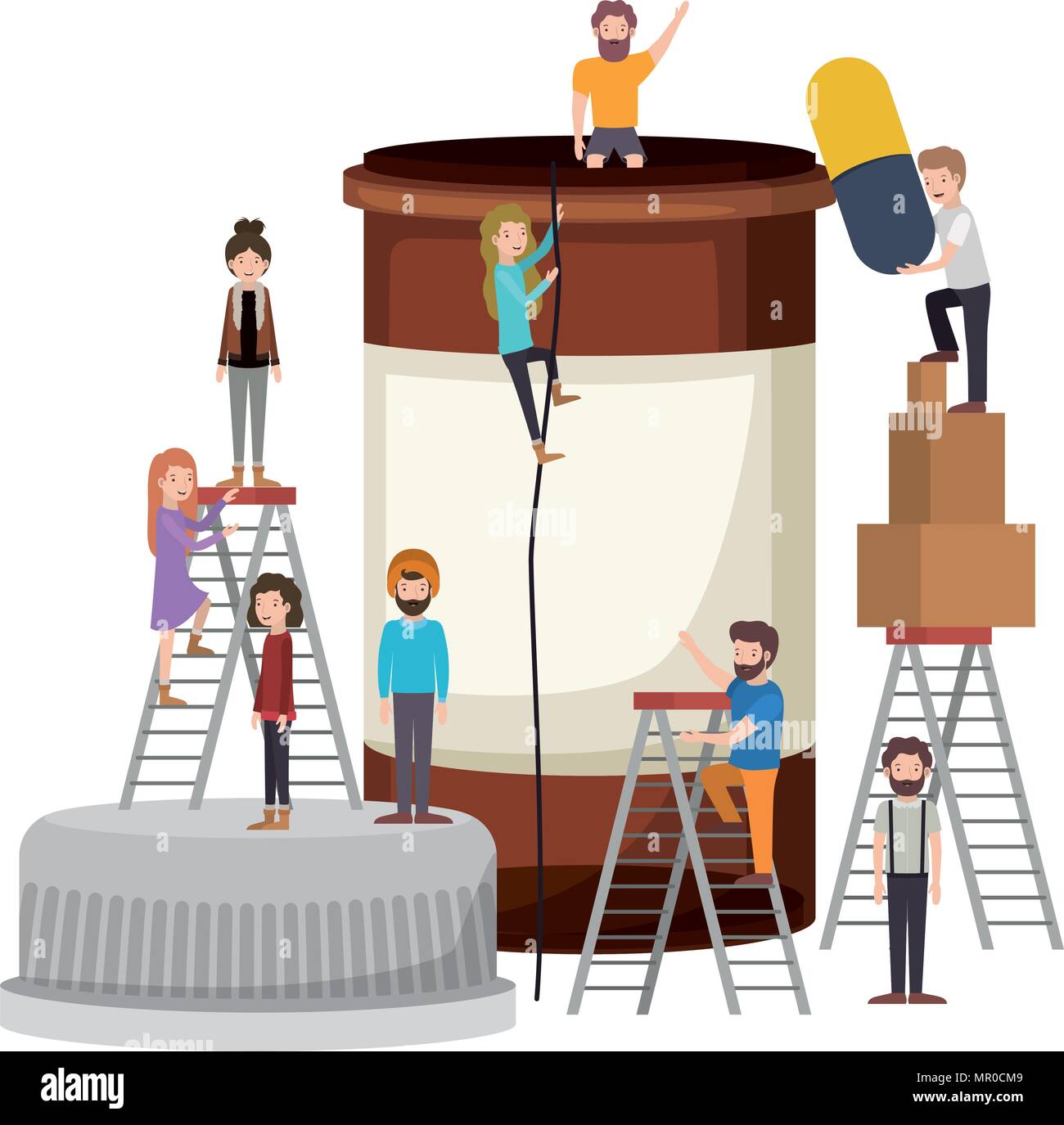 minipeople team working in bottle drugs Stock Vector