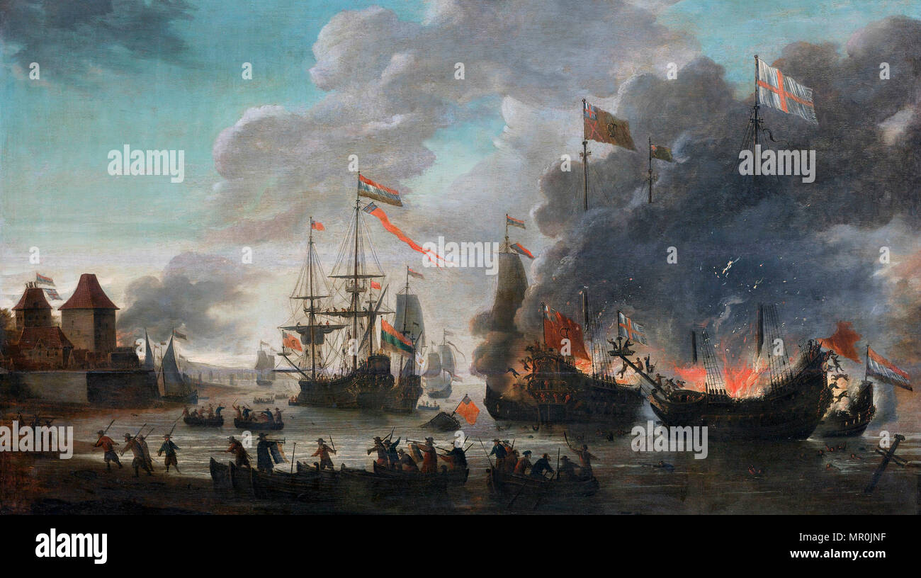 The Dutch burn English ships during the expedition to Chatham, Raid on Medway, 1667. Jan van Leyden, 1669 Stock Photo