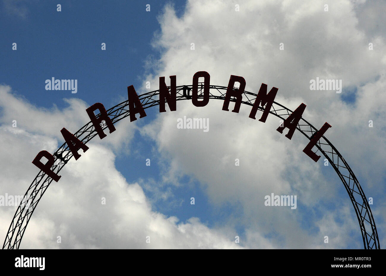 Palmetto, Florida, USA. 23rd May, 2018. A sign at the top of the Paranormal Cirque circus tent is seen during a media preview on May 23, 2018 in Palmetto, Florida. The new Paranormal Cirque, created by Manuel Rebecca, the president and owner of Cirque Italia, is in rehearsals for its first ever performance in Palmetto, Florida on June 7, 2018. The circus combines horror, stunts, illusions, theater, and cabaret, and is designed for an adult audience. (Paul Hennessy/Alamy) Credit: Paul Hennessy/Alamy Live News Stock Photo