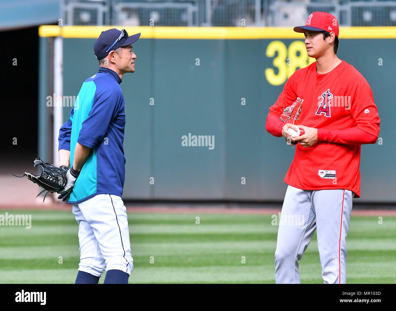 Ichiro Suzuki of the Seattle Mariners and Shohei Ohtani of Los Angeles  Angels talk before the Major League Baseball game at Safeco Field in  Seattle, Washington, United States, May 4, 2018. Credit