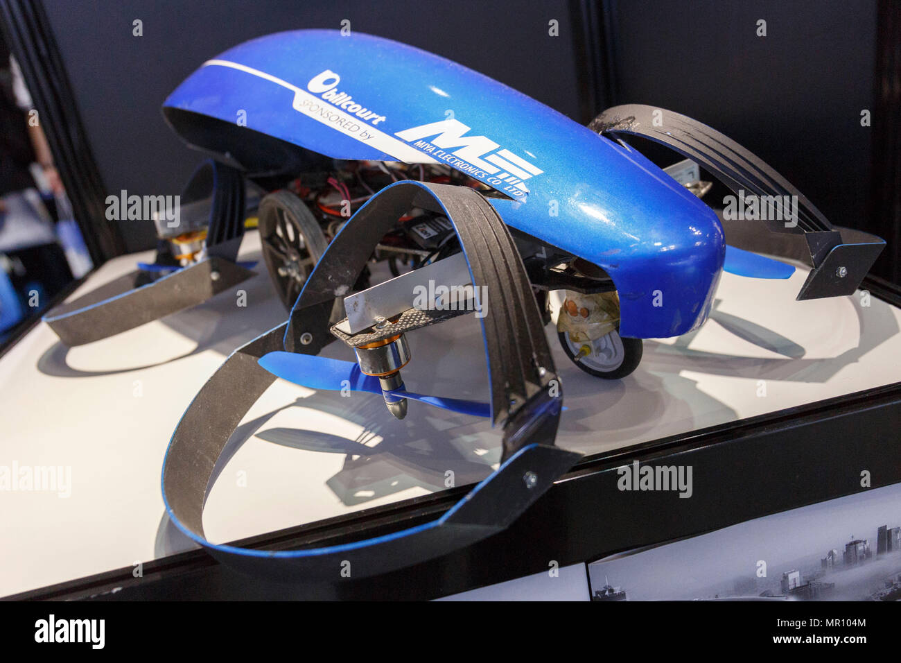 A scale model of a flying car prototype SkyDrive SD-00 on display at the Automotive Engineering Exposition 2018 Yokohama on May 25, 2018, in Yokohama, Japan. The annual event introduces the latest automotive technologies from 597 companies across 1,207 booths at Pacifico Yokohama. The exhibition runs from May 23 to 25. (Photo by Rodrigo Reyes Marin/AFLO) Stock Photo