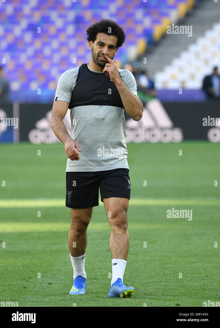 25 May 2018, Ukraine, Kiev: Football, Liverpool FC training: Mohamed Salah  pictured during training at the Olimpiyskiy National Sports Complex. Real  Madrid and Liverpool FC are set to meet in the Champions