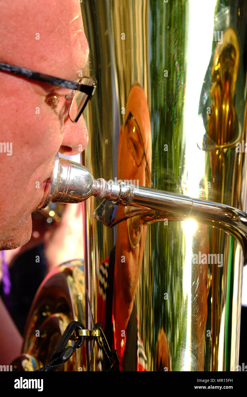 25 May 2018, Germany, Kiel: Rolf Nickels of Bredstedt playing during the opening of the 'Posaunentag' of the Evangelical Lutheran Church in Northern Germany at Asmus-Bremer-Platz. More than 500 musicians from Hamburg and Schleswig-Holstein took part in the event. Photo: Frank Molter/dpa Stock Photo