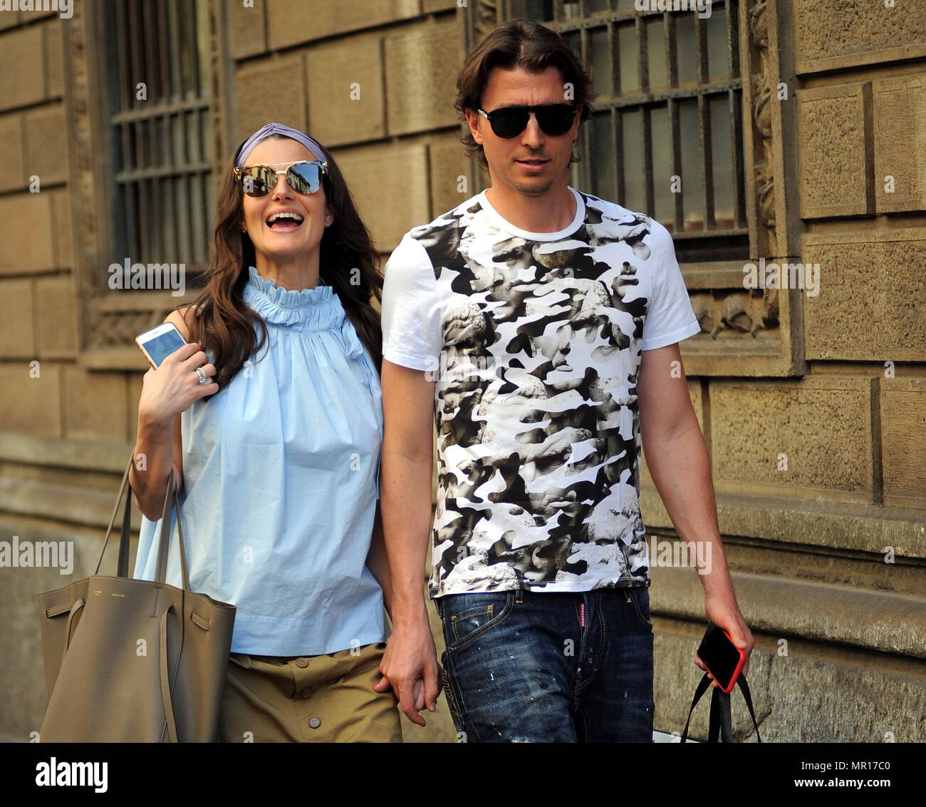 Milan, Riccardo Montolivo and his wife Cristina De Pin, waiting sweet  Riccardo Montolivo, Milan and National football player, surprised to stroll  through the streets of the city center with his wife Cristina