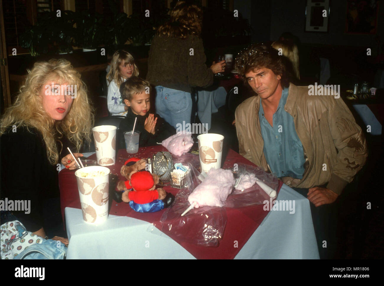 INGLEWOOD, CA - MARCH 6: Actor Michael Landon (R) son Sean Landon, wife Cindy Landon (L) and daughter Jennifer Landon attend the Moscow Circus Opening Night Performance on March 6, 1991 at the Great Western Forum in Inglewood, California. Photo by Barry King/Alamy Stock Photo Stock Photo