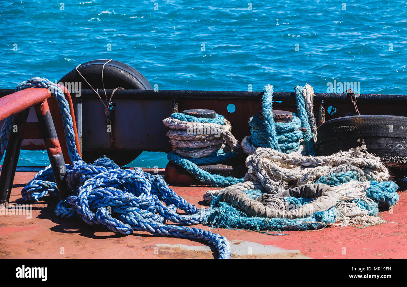 Blue and White Loose Ropes on Deck of Ship Stock Photo - Alamy