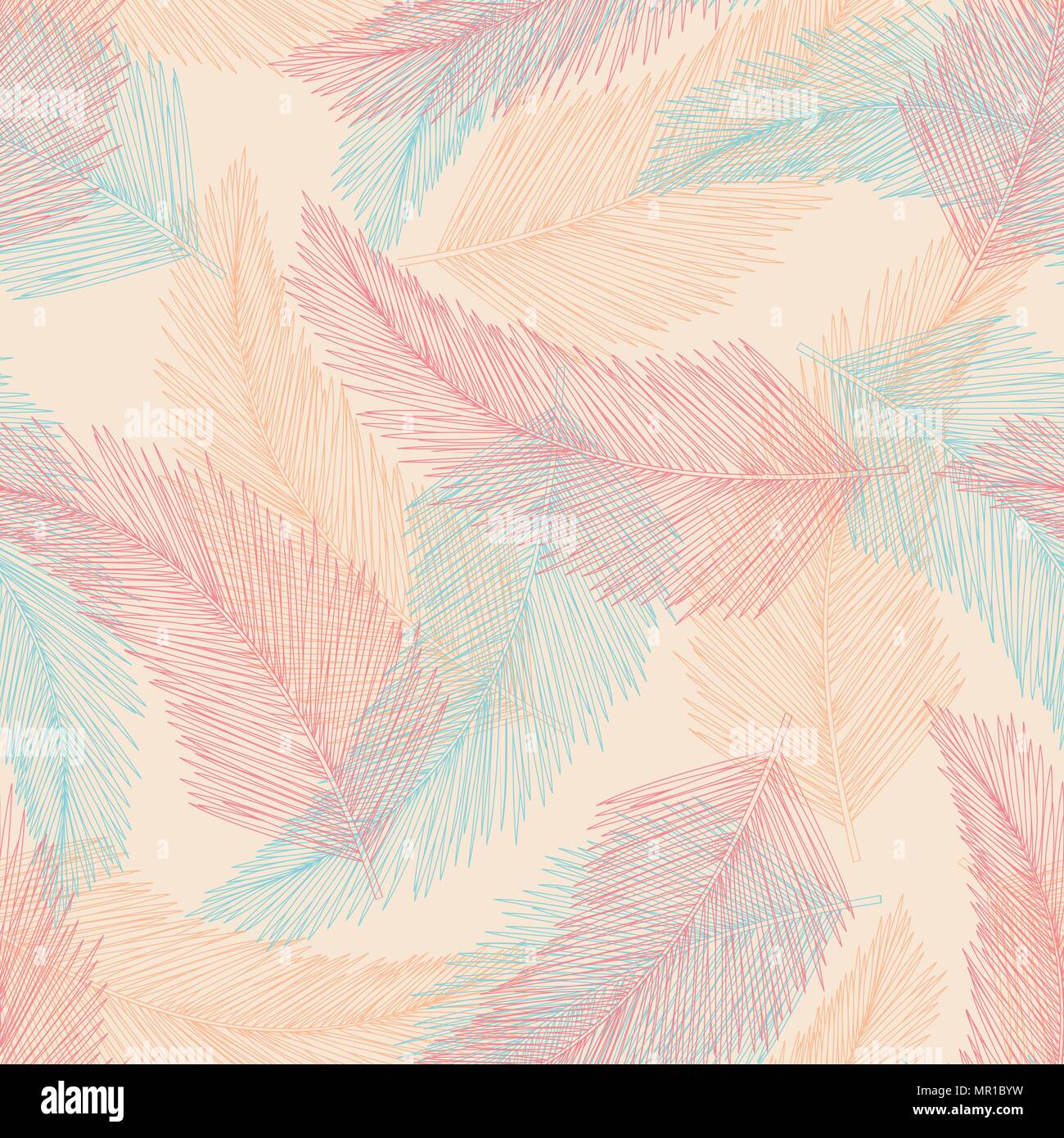 Coconut leaves in red, orange and blue color random on pastel background. Seamless pattern background design for Summer season in vector illustration. Stock Vector